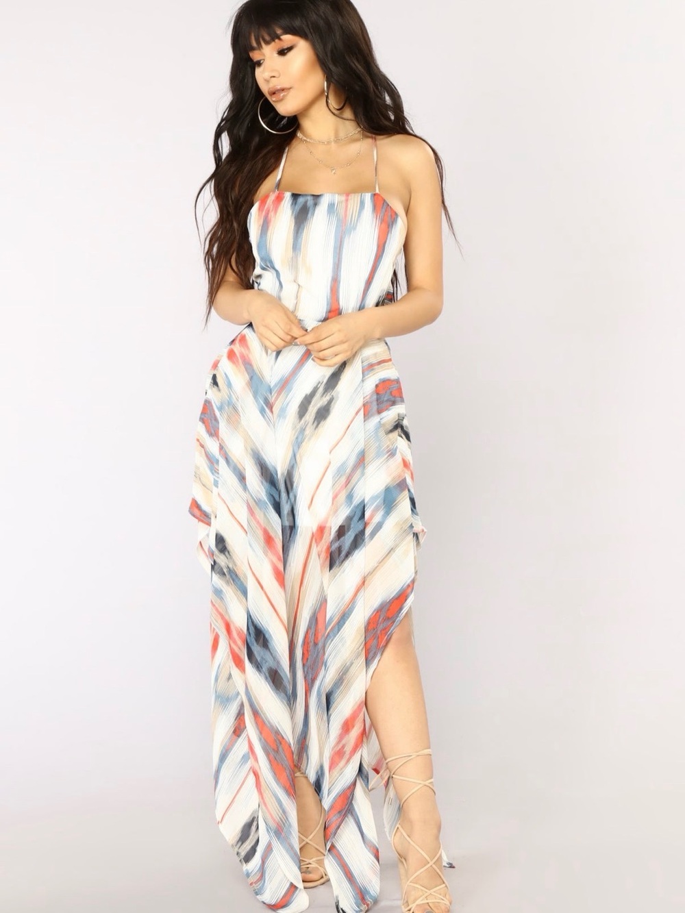 Fashion Nova Strappy Maxi Dress in Coral, Navy & Cream Stripe
